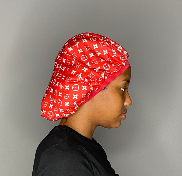 the rag lady - designer red and white supreme lv bonnet